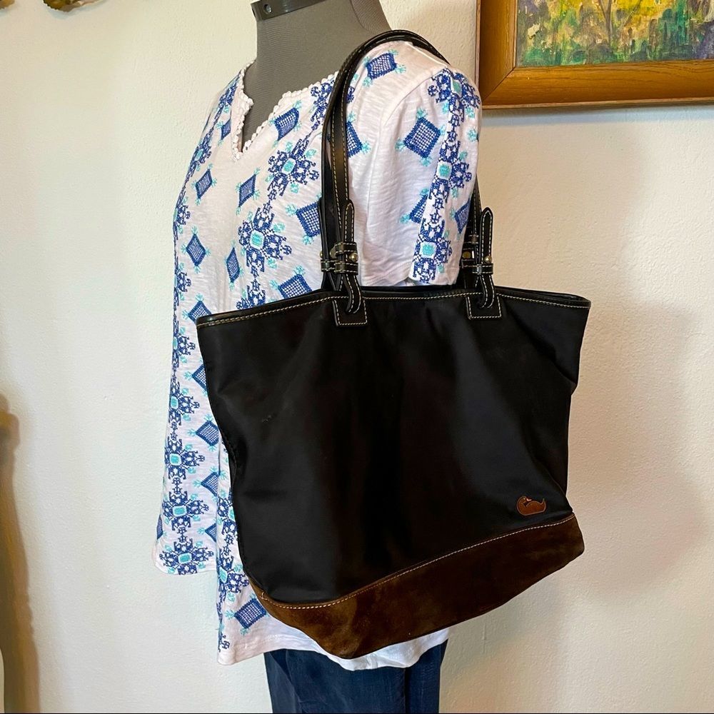Dooney and Burke black tote with brown suede